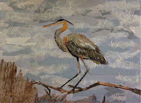 Great Blue Heron - Original collage painting by Isabelle Griesmyer